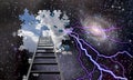 Ladder to Hole in Night Sky Reveals Day Skies Royalty Free Stock Photo