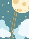 Ladder to moon. Starry night sky with stairs step by step, achieving impossible concept vector cartoon illustration Royalty Free Stock Photo