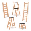 Ladders and stepladders wooden household equipment realistic set. Staircase  stairway Royalty Free Stock Photo