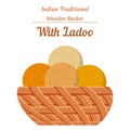 Laddu in wooden basket, laddu with wooden basket vector illustration created on white background