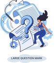 Ladge question mark. Problem and solution concept. Female character standing near question mark