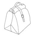 Ladies bag with lock. Hand drawn black and white sketch.