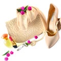 Ladies bag, shoes, jewelry, cosmetics and perfumes on w Royalty Free Stock Photo