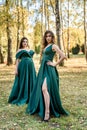 Ladies in elegant green dresses walking in autumn park. Brunette girl Dreamy young girls laughing on the outdoors