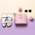 Ladies Fashion Accessories. Pink bag and sunglasses. Trendy sandals Pastel colors Trend Royalty Free Stock Photo