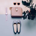 Ladies Fashion Accessories. Pink bag and sunglasses. Trendy Shoes Pastel colors Fashion Trend Summer style Royalty Free Stock Photo