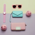 Ladies Fashion Accessories. Wallet, watch, necklace, glasses. Pastel colors Trend Minimal Royalty Free Stock Photo