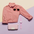 Ladies Fashion Clothes and Accessories. Purse, watches, sunglasses. Pink shirt Pastel colors Trend Minimal Summer Royalty Free Stock Photo