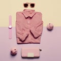 Ladies Fashion Clothes and Accessories. Purse, watches, sunglasses. Pink shirt. Pastel colors Trend Minimal Summer Royalty Free Stock Photo