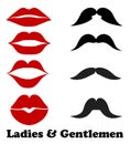 Ladies and gentlemen bathroom symbols. Stock vector lips and moustache fashion, vintage icons illustration