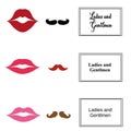 Ladies and gentlemen bathroom symbols. Vector lips and moustache icons. Royalty Free Stock Photo