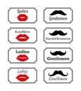 Ladies and gentlemen bathroom symbols. Vector lips mustache