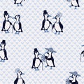 Ladies and gentlemen penguins on a blue background with hearts