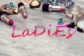 Ladies neon banner. illustration. set of cosmetics for lady Royalty Free Stock Photo