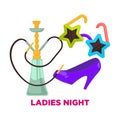 Ladies night party or dance music club vector icons for and birthday holiday celebration of shisha and heels Royalty Free Stock Photo