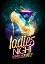 Ladies night vector illustration with gold high heeled shoes and burning cocktail. Royalty Free Stock Photo