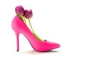 Ladies pink high heel shoe with tulips inside, isolated on white Royalty Free Stock Photo