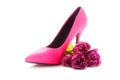 Ladies pink high heel shoe and tulips on white, concept female, Royalty Free Stock Photo