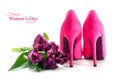 Ladies pink high heel shoes and tulips on white, for lo Royalty Free Stock Photo