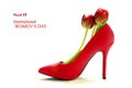 Ladies red high heel shoe with tulips inside, on white, Royalty Free Stock Photo