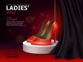 Ladies shoes poster. Female classic high heeled red footwear on white podium. Premium quality leather classic elegance Royalty Free Stock Photo