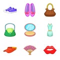 Ladies shopping icons set, cartoon style