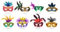 Ladies venetian carnaval masquerade colorful eye masks with feathers realistic set white background shadow isolated vector Royalty Free Stock Photo