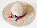 Ladies` wide brim straw hat with red band