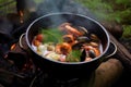 ladling campfire cioppino into a bowl with steam