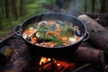 ladling campfire cioppino into a bowl with steam