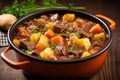 ladling hearty beef stew from pot to serving dish Royalty Free Stock Photo