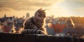 adorable fluffy cat sit on roof overview on old town Tallinn on evening sunset