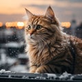 adorable fluffy cat sit on roof overview on old town Tallinn on evening sunset