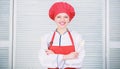 Lady adorable chef teach culinary arts. Professional culinary tips. Culinary show concept. Woman pretty chef wear hat