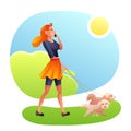 Lady with animals in park flat vector illustration