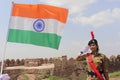 Lady Army Cadet Saluting In Front Of Indian Flag With Pride outdoor In Daytime, Celebrating