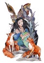 The lady of beasts. Watercolor illustration