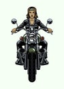 Lady Biker Riding Old Motorcycle in Front View Angle