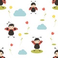 Lady bird cartoon seamless pattern. Baby, kid, child design. White background.