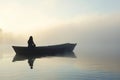 lady on a boat midlake, surrounded by fog, early morning