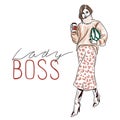 Lady boss, handwritten quotes, full length stylish girl in beautiful clothes and holding coffee, fashion