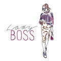 Lady boss, handwritten quotes, full length stylish girl in beautiful clothes and holding coffee, fashion