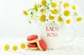 Lady Boss Mug With White  Daisy Flower On Wooden Background  And Macaroon