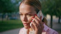 Lady boss talking mobile phone standing street closeup. Woman discussing issues Royalty Free Stock Photo