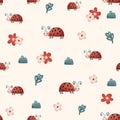 Lady bug kids seamless pattern, red ladybugs on beige background Royalty Free Stock Photo