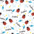 Lady Bug and Leaves Nature Journey Vector Graphic Seamless Pattern