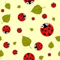 Seamless pattern with red ladybugs and green leaves