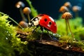 Lady bug sitting on top of moss covered forest. Generative AI Royalty Free Stock Photo