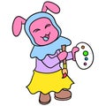 A lady bunny artist carrying a brush and a palette for painting. doodle icon image kawaii