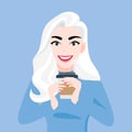 Lady cartoon character in autumn and winter clothes with cup of coffee in hands vector illustration